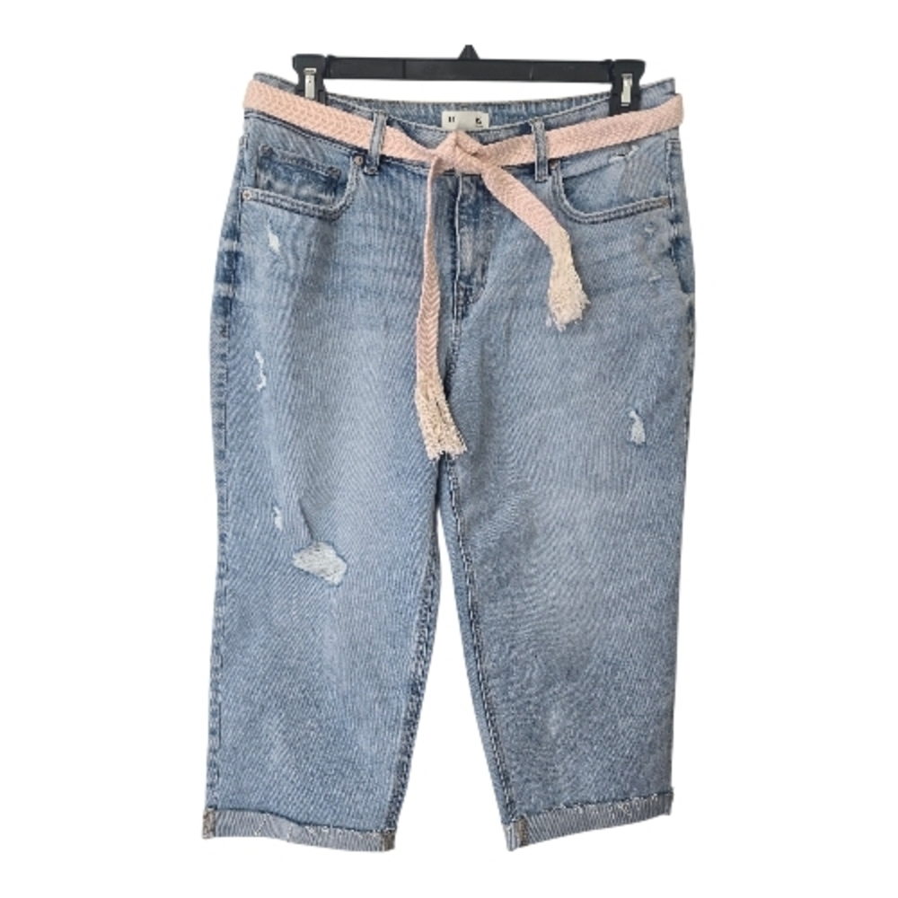 Maurices M Jeans Distressed Cropped Capris Jeans Raw Hem Pink Belt 14 Summer